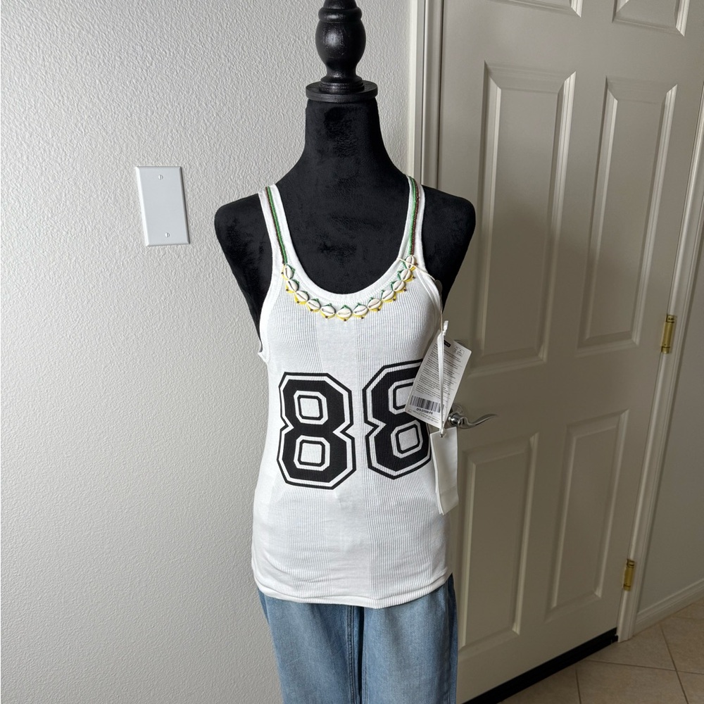 White Tank Top with Black Number 88 Parosh  with beads